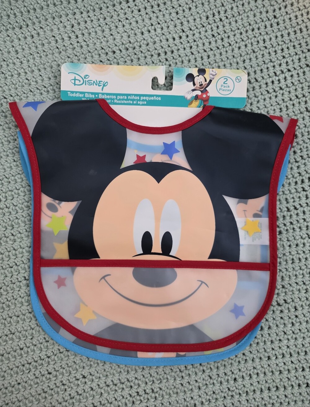 NWT Disney Mickey Mouse Plastic Bibs in Red, Blue & Black (2-Pack)